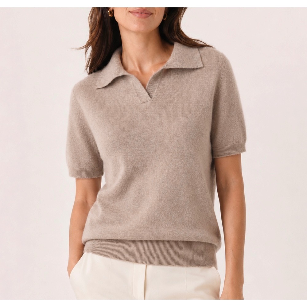 The Commons Womens Polo Sweater 100% Cashmere Short Sleeve Taupe Medium
